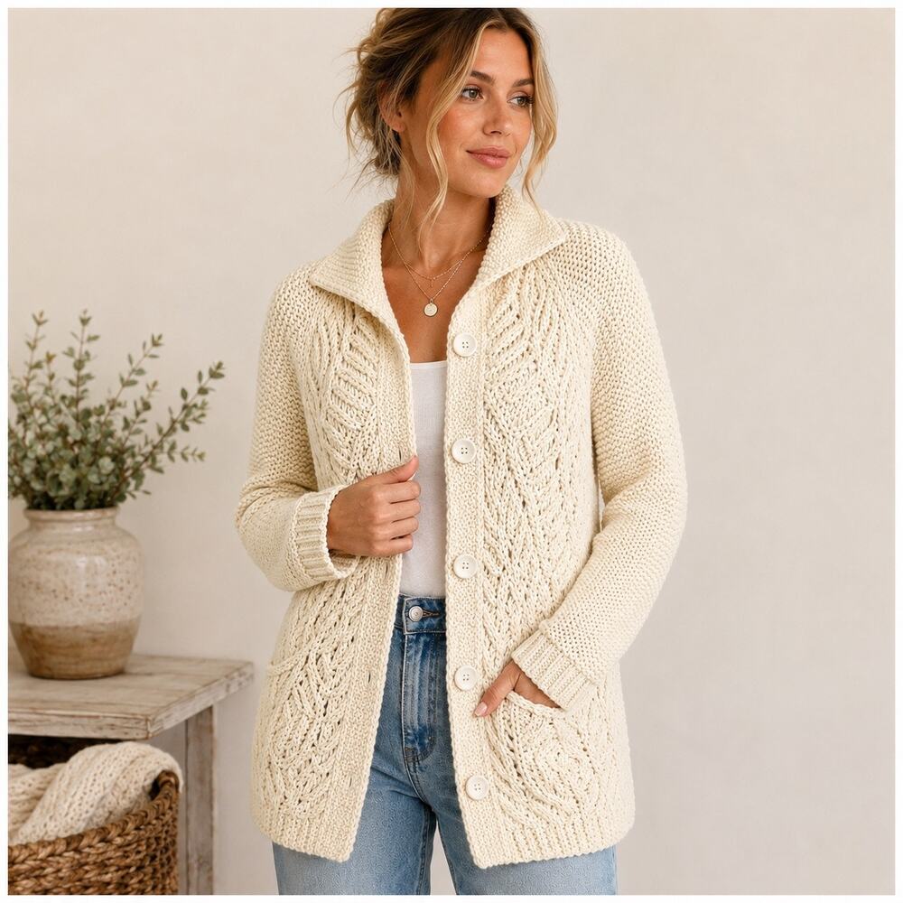 Womens Ivory Cable Knit Cardigan Sweater Button Front Chunky Cozy Cottagecore XL